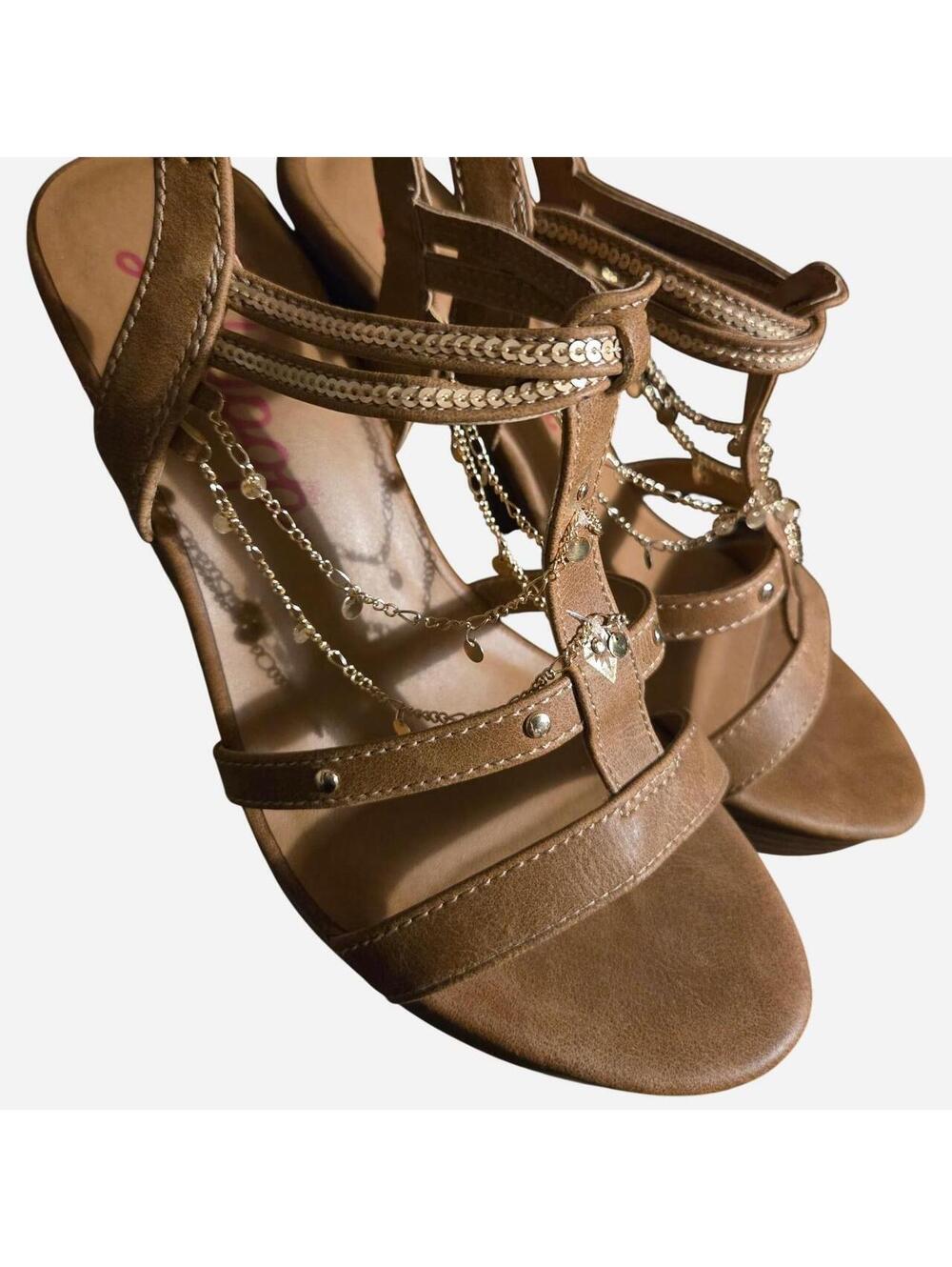 Jellypop Tan Wedge Sandals with Gold Chain Details